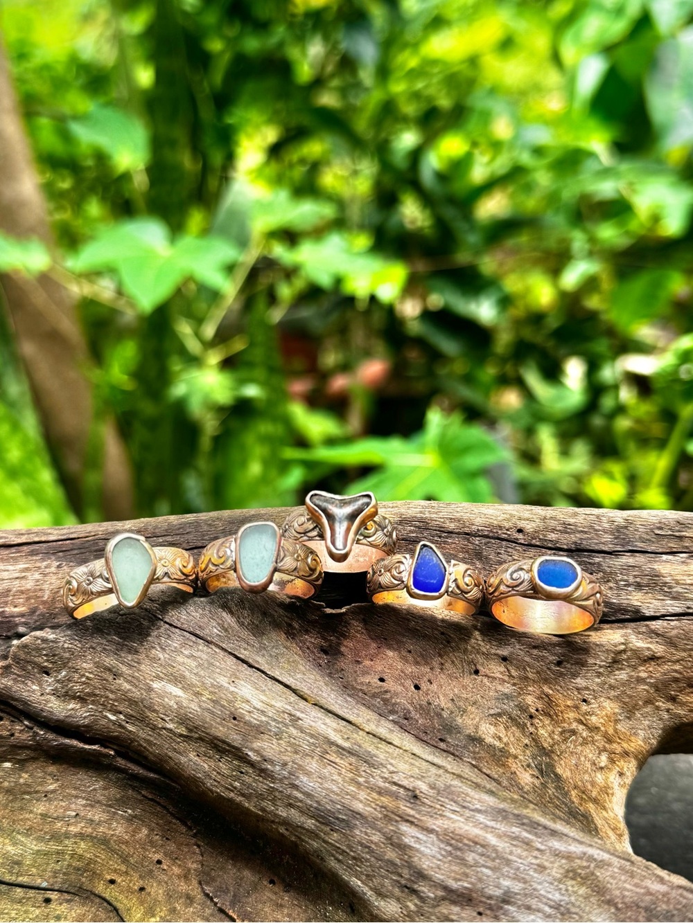 14 k gold fill cobalt blue sea glass floral wave Ring Puerto Rico beach find - Picture 5 of 7